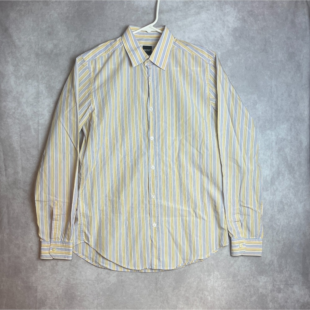 Hugo Boss Shirt Mens Medium Yellow Striped Button Up Long Sleeve Preppy Casual